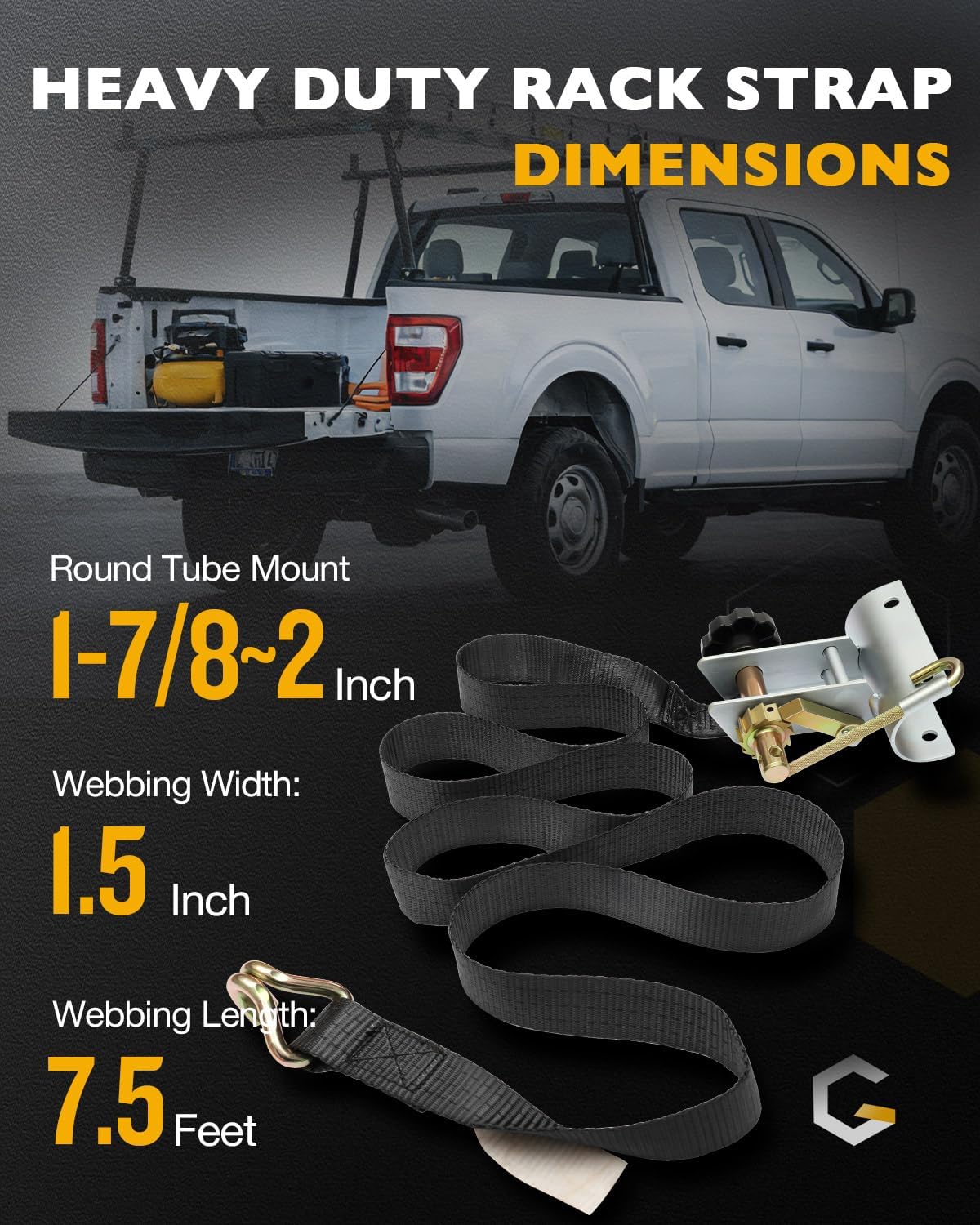 Truck Rack Straps, W/J-Hook (2PCS), 2" Silver Round Tube Mount, 1.5" Wide x 7.5' Long, Black Ladder Rack Ratchet Straps, 500 lbs Load Heavy Duty, Lumber Rack Ratchet Straps, Pipe/Roof Rack Straps