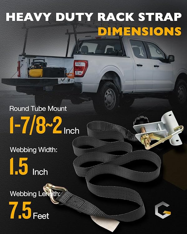 Truck Rack Straps, W/J-Hook (2PCS), 2" Silver Round Tube Mount, 1.5" Wide x 7.5' Long, Black Ladder Rack Ratchet Straps, 500 lbs Load Heavy Duty, Lumber Rack Ratchet Straps, Pipe/Roof Rack Straps by Gledewen - Image 3