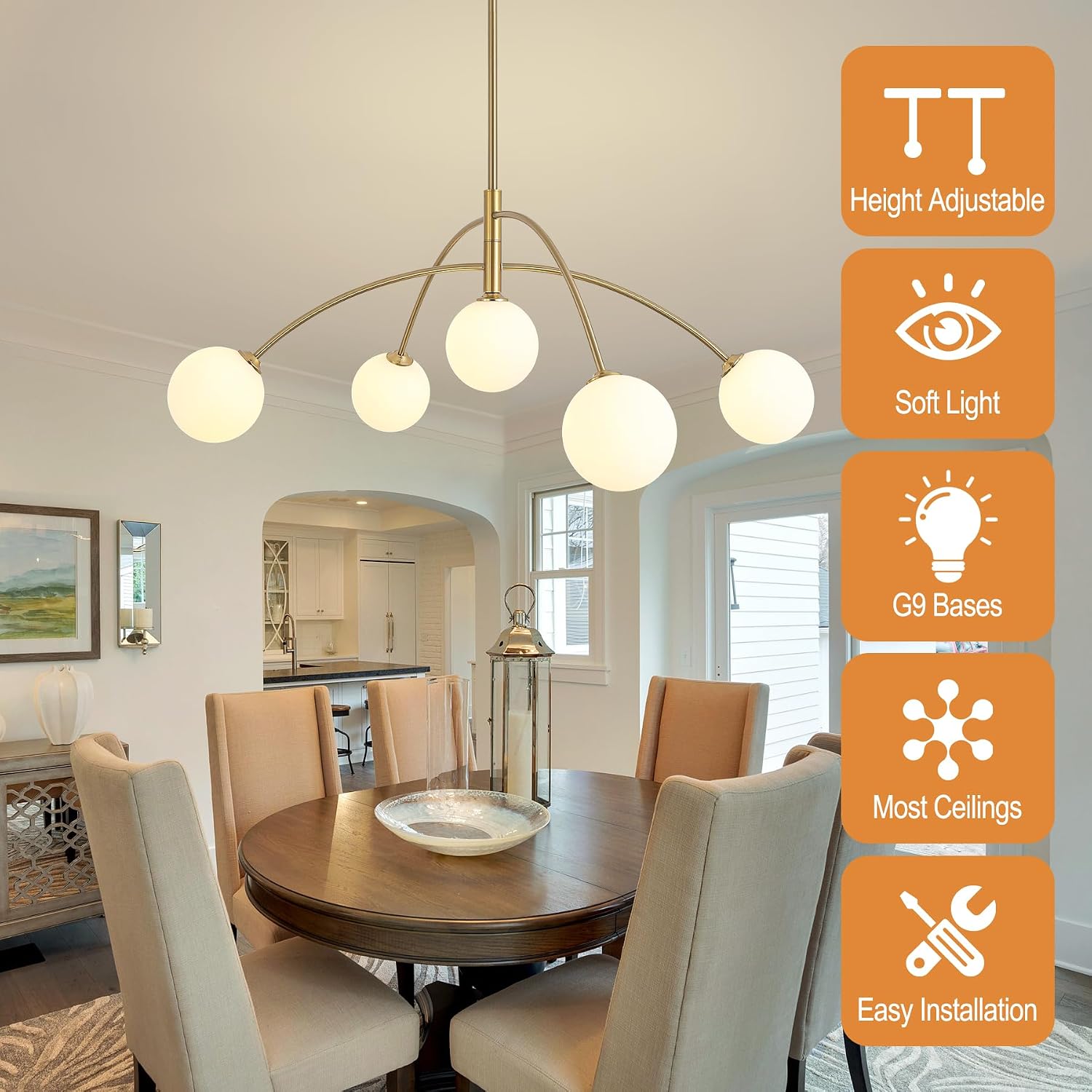 41Inch Glass Chandelier Dining Room Light Fixtures Over Table Brass Pendant,5-Light Mid Century Modern Chandelier,Bubble Sputnik Chandelier for Kitchen Island,Hallway,Staircase,Living Room Gold Brass