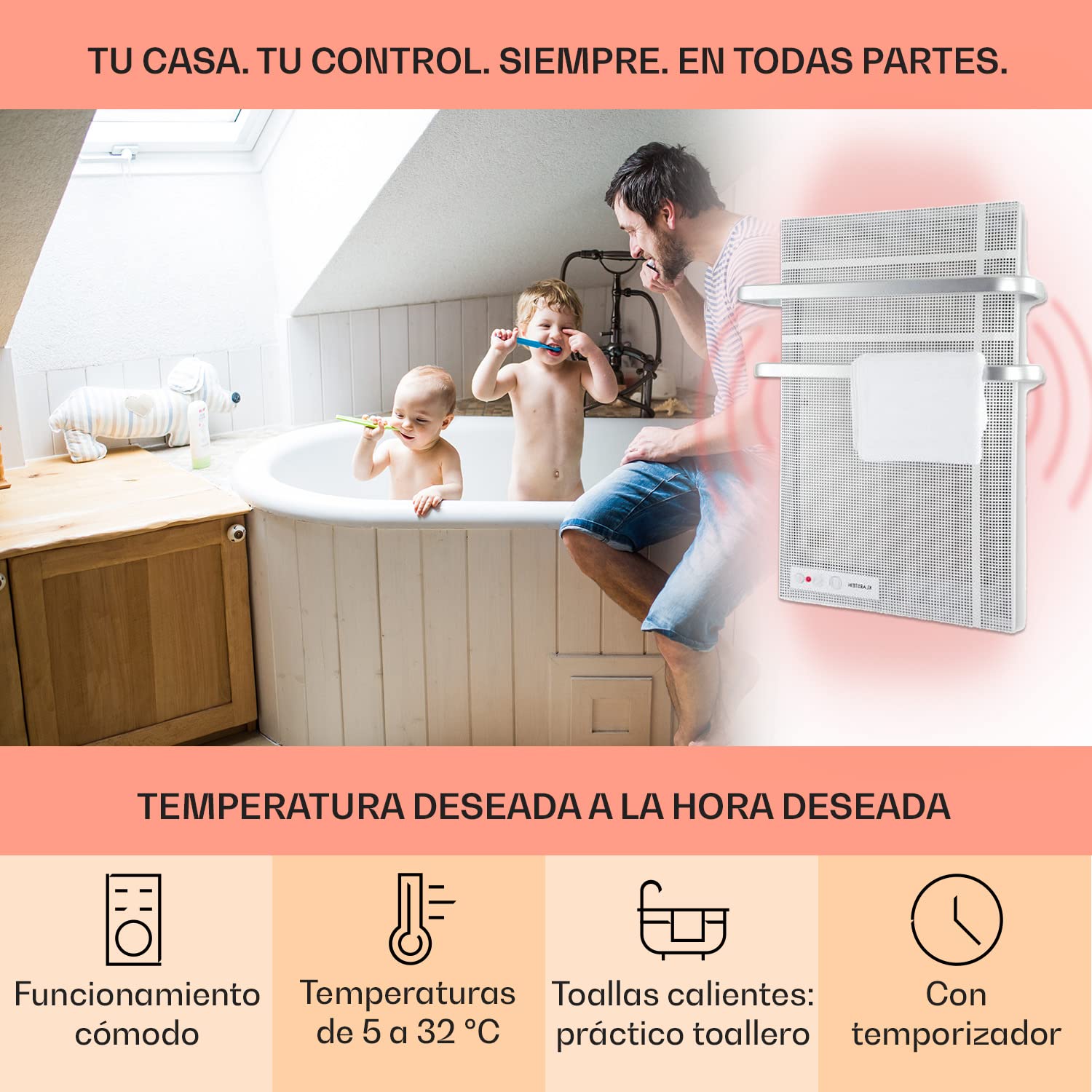 Klarstein Toallero de Pie, Radiador Electrico Bajo Consumo para Toalla 1000 W, Toalleros de Pie con Termostato, IP24, Radiador Electrico para Pared, Toallero Eficiente sin Emisión de CO2