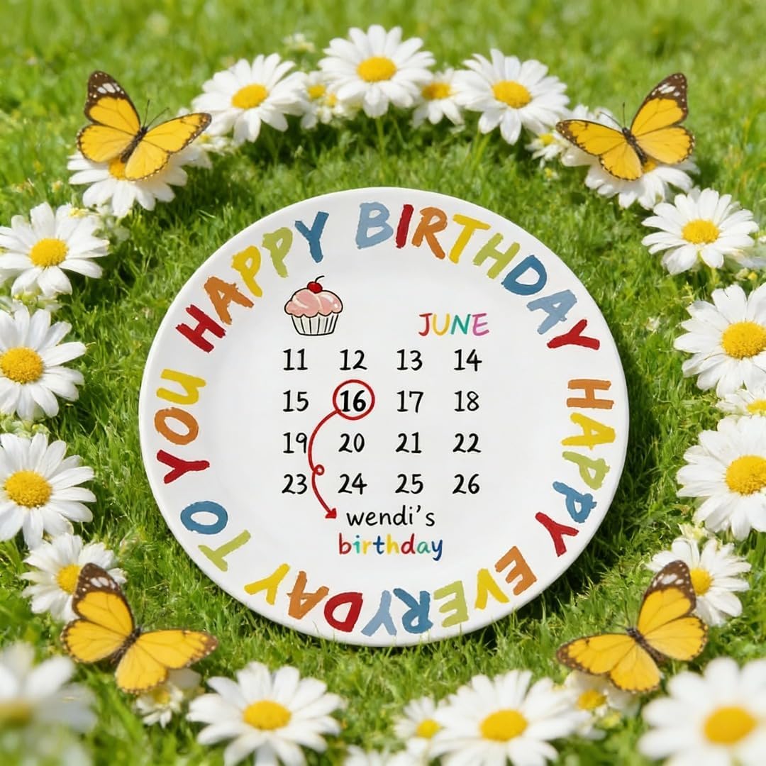Custom Rainbow Birthday Calendar Plate - Personalized Name, Highlighted Date & Festive Design, Ceramic Birthday Dinnerware
