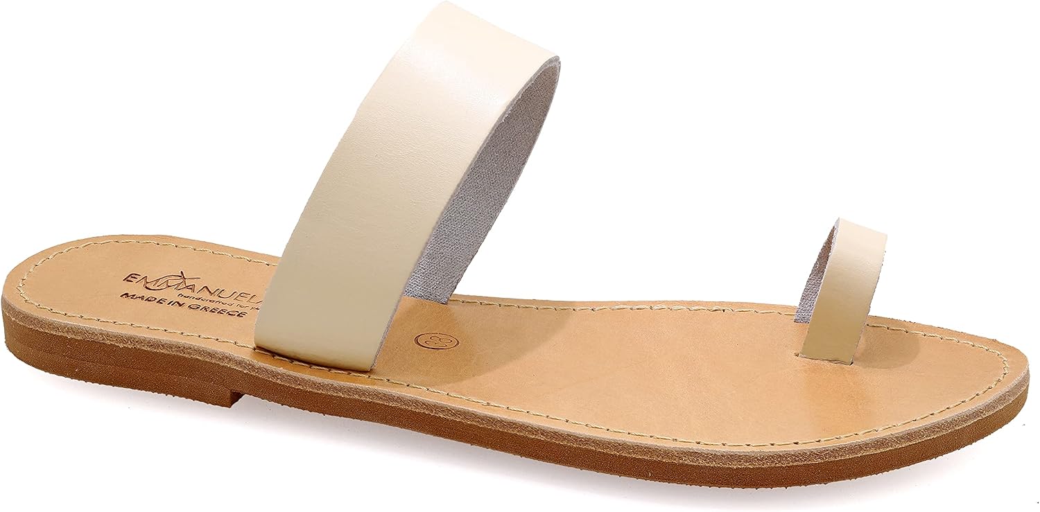 Emmanuela Greek Leather Toe ring Sandals, Quality Handmade Slider Summer Shoes, Slide on Strappy Sandals, Boho Chic Flat Sandals, Silver Rose Gold White Leopard Pony Skin Yellow