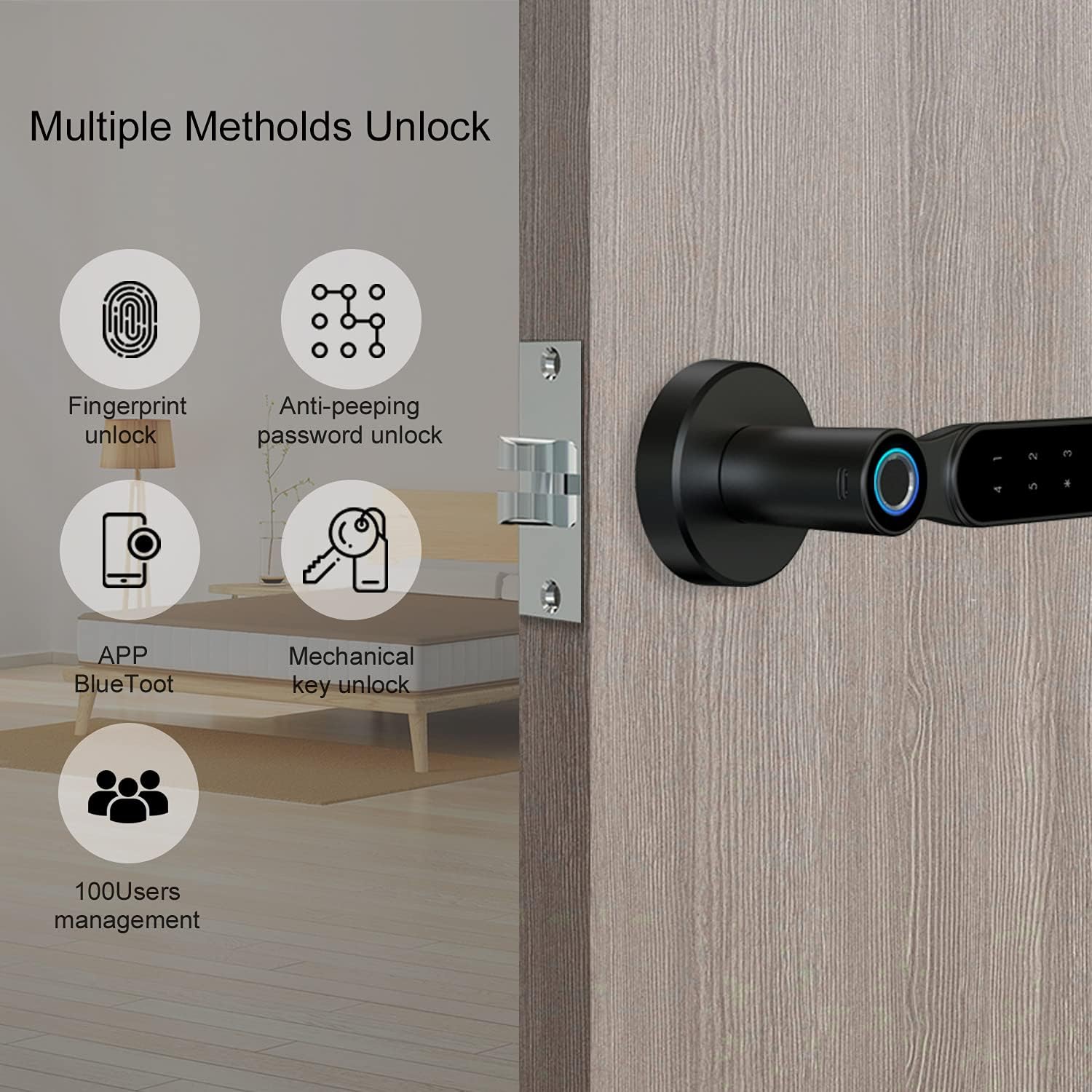 Image showing four methods of unlocking the PINEWORLD S2-T Smart Door Lock: Fingerprint unlock, Anti-peeping password unlock, APP Bluetooth unlock, and Mechanical key unlock. It also indicates support for 100 users.