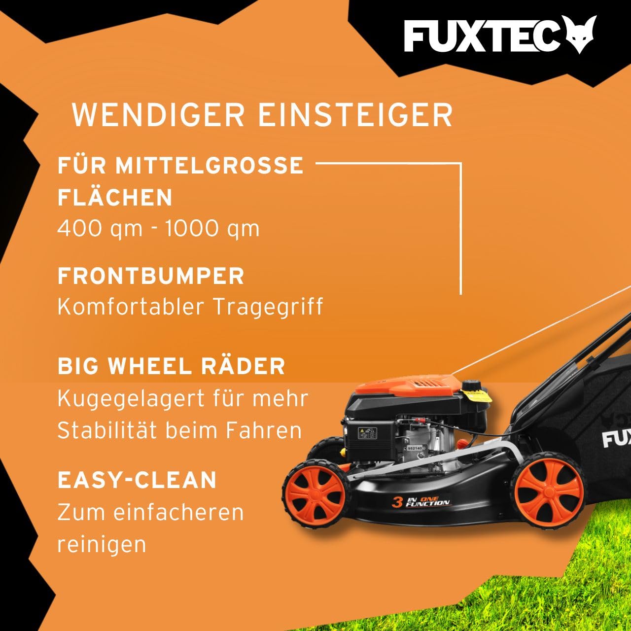 FUXTEC 3in1 Benzin Rasenmäher FX-RM4646ECO • 3,5PS 2,6kW 4-Takt Motor 146ccm • 46cm Schnittbreite 7 Stufen 25–75mm • 50L Fangkorb • Mulchfunktion & Heckauswurf • Leichtgewicht 27kg