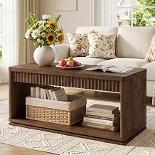 FATORRI Coffee Table with Storage Shelf, 2-Tier Wood Coffee Tables, Farmhouse Rectangular Living Room Center Table with Fluted Panel Rustic Brown