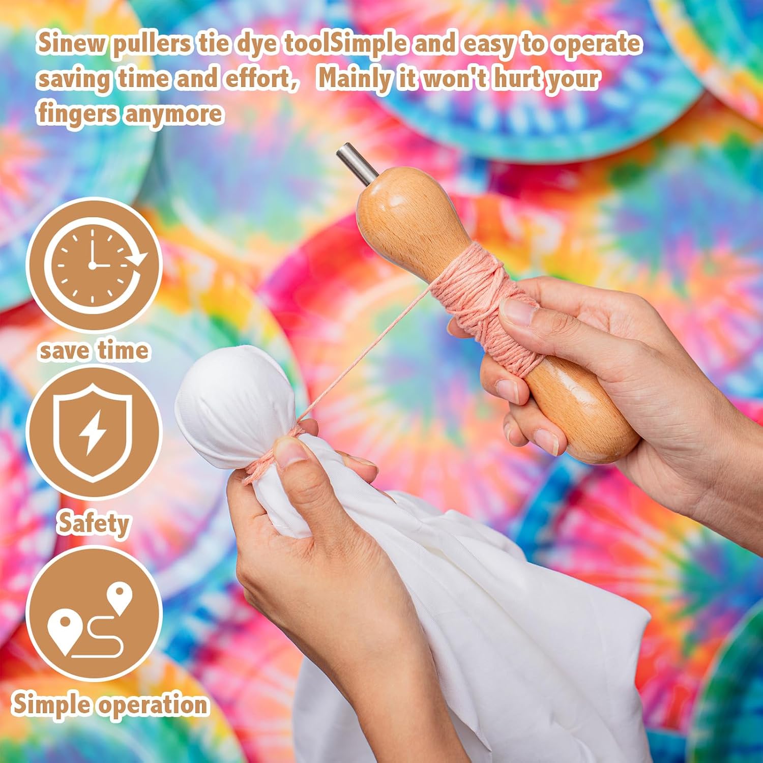 Thyle 1 Pcs Sinew for Tie Dye Wooden Pulling Tool, Handheld Wringer Device DIY Tie Dye Stretching Tools, Natural Wood Handle Craft Accessory for Fabric Banding, Adult Handmade Shirts Socks Yarn Craft