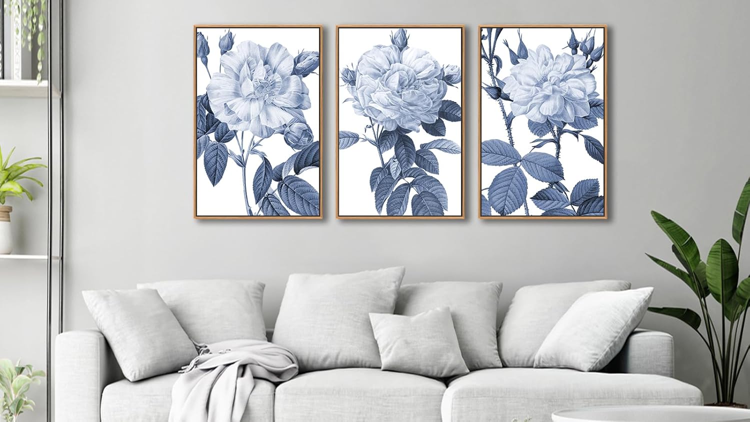 Large Framed Canvas Wall Art - Natural Float Framed Blue Gray Flowers Pictures Decor Rustic Blossom Leaves Botanical Artwork for Living Room Bedroom Kitchen Home Office Decoration 48" X 24" Set of 3