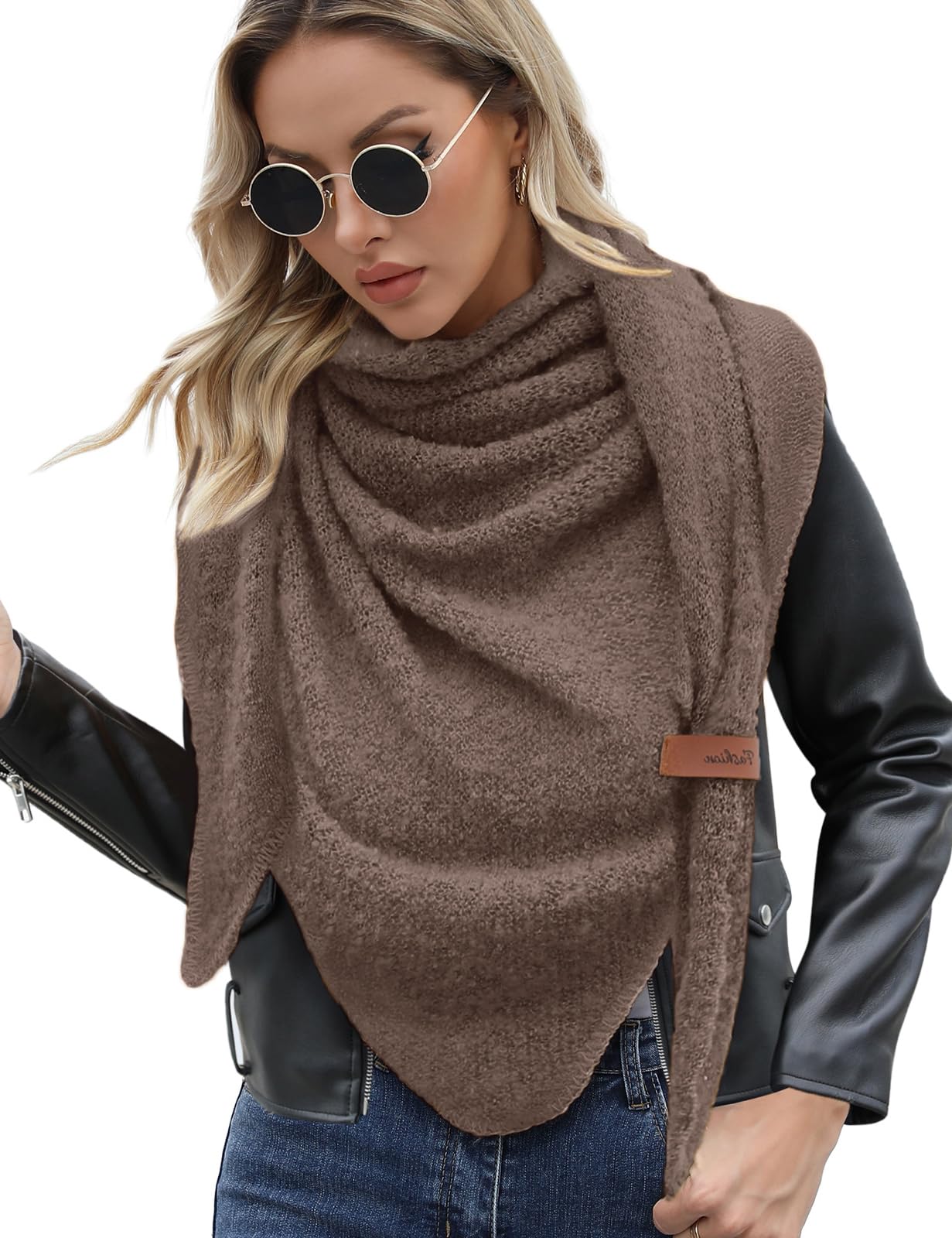 Xnova Schal Damen Winter Dreieck Strickschal Wärmende | Weich Dreiecksschal mit Lederschlaufe, Flauschig Gestrickt Umschlagtuch Halstuch Poncho Halstüche Geschenk für Frauen