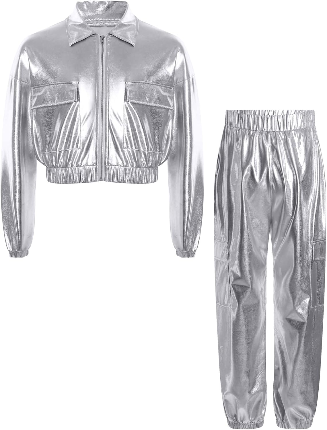 Freebily Kids Girls Metallic Dance Outfit Sparkly Jacket and Jogger Cargo Pants Shiny 2 Piece Jazz Hip Hop Dancewear
