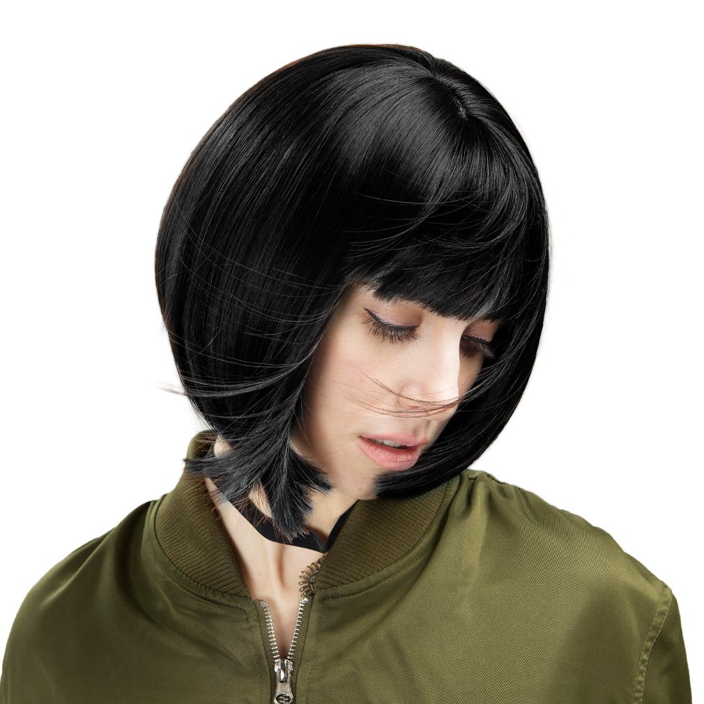 REECHO 11" Short Bob Wig with bangs Synthetic Hair for White Black Women Color: Black