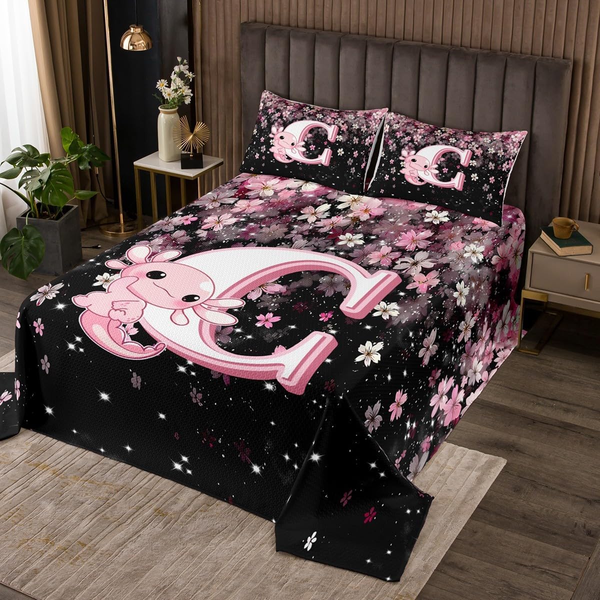 Erosebridal Pink Black Alphabet C Bedspread Sets King Size with Cute Axolotl Design - Japanese Cherry Blossom Coverlet Set Cute Axolotl Bed Set Initial Letter Bedding Set with Floral Design