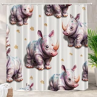 Batmerry Wild Rhinoceros Decor Shower Curtain, Pastel Colored Baby Rhinos Bathroom Decor Polyester Fiber Plastic Rings Quick-Drying Waterproof for Bathtubs/Bathroom, 72x72 inches