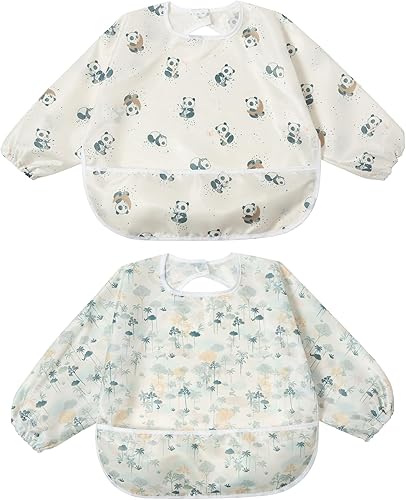 Miniatura 9 de Little Dimsum Baby Bib with Pocket Waterproof Toddler Bibs Infant Feeding Bibs for Boys and Girls, Pack of 2 Colors Conjuntos de flores-l,pato y