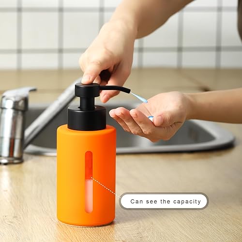 Miniatura 3 de Enra Dispensador de jabón de vidrio de otoño con ventana, dispensador de jabón de baño naranja de 12 onzas con bomba de loción de acero inoxidable,