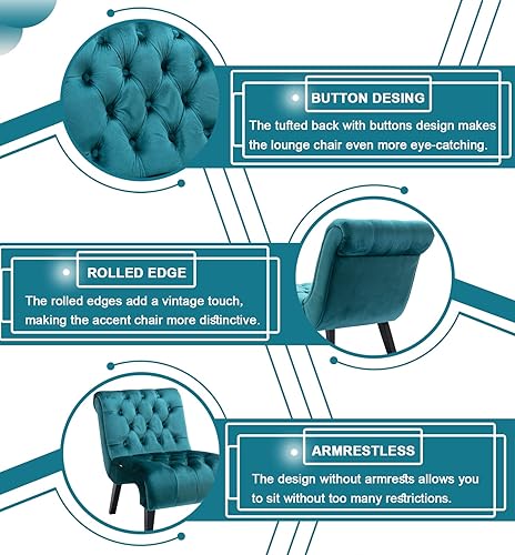 Miniatura 6 de Comfy Velvet Armless Accent Chair, Teal, Upholstered with Durable Solid Wood Frame and Adjustable Cushions, Easy Assembly