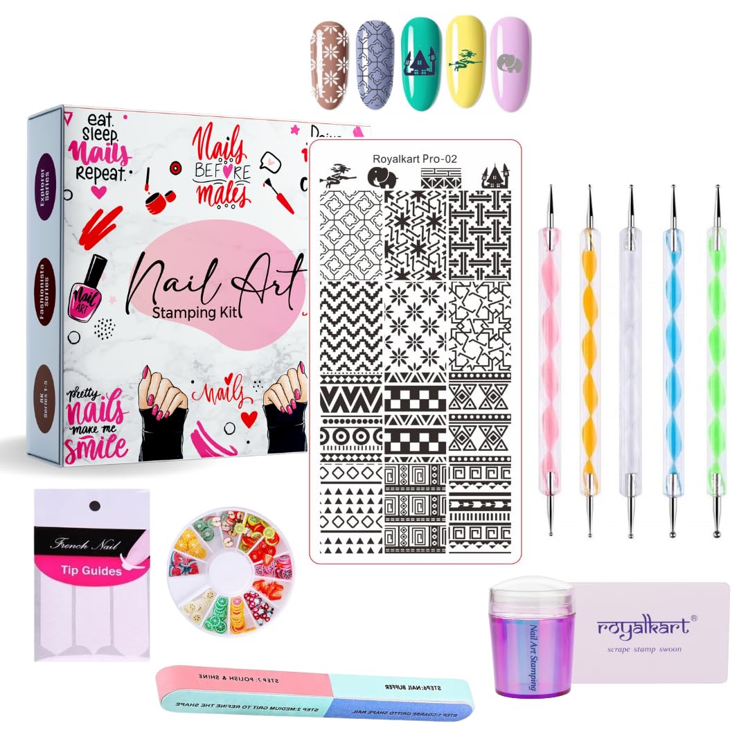 Royalkart Nail Art Kit For Girls|5 Dotting Pen|Stamping Plate,French Nail Stamper,Scraper,Nail Art Buffer,Fimo Clay Wheel,Finger Tip Guide|Nail Art Tools(Pro)