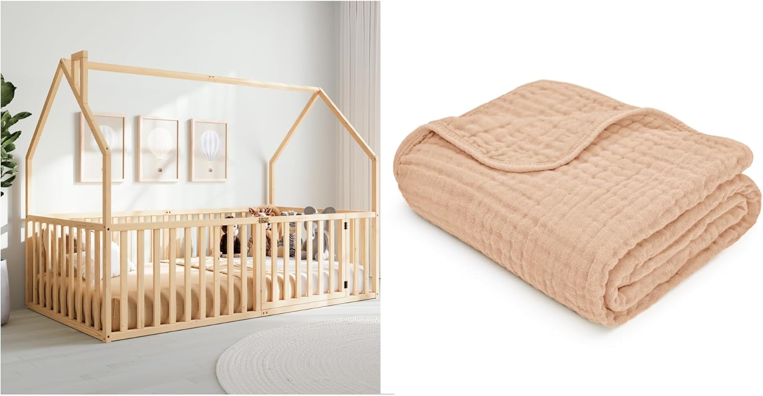 Comfy Cubs Kids House Gated Floor Bed and Muslin Baby Blanket Bundled