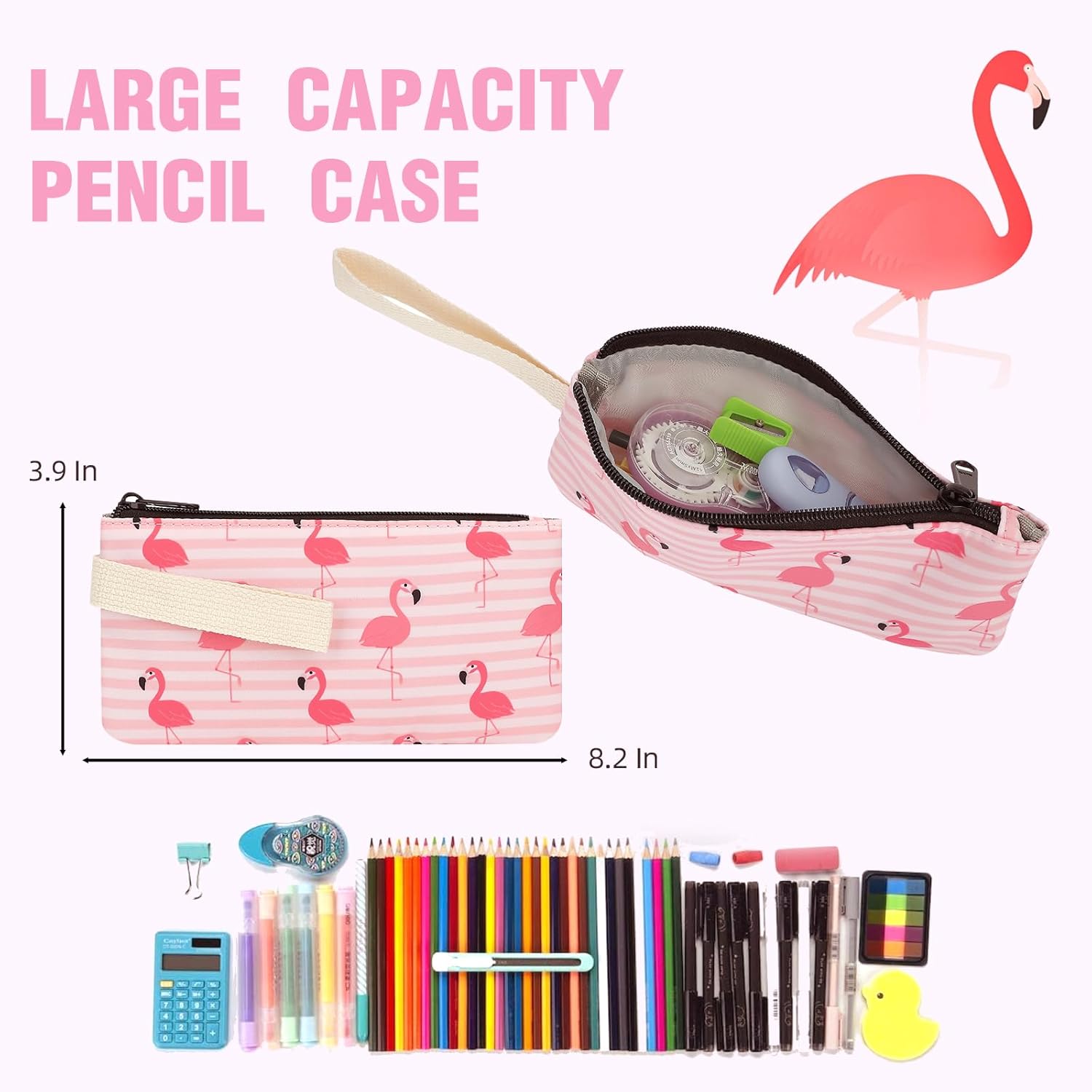 3in1 School Backpacks for Girls, kids Bookbag Set with Lunch Box and Pencil Case Laptop Backpack for Women, Elementary Middle School Bags (Pink Stripe Flamingo)