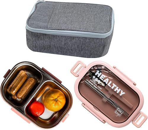 Caja Bento de 2 compartimentos con bolsa de almuerzo y juego de cubiertos, 28 onzas a prueba de fugas, reutilizable, contenedor de almuerzo de acero