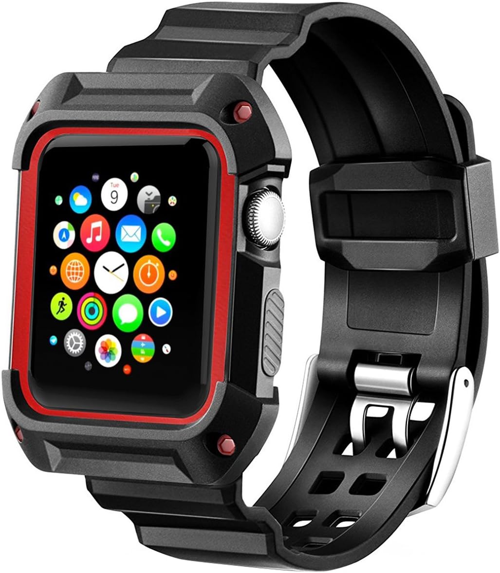 Compatible with Apple Watch Band with Case 42mm, MAIRUI Rugged Protective G Shock Replacement Wristband for Apple Watch Series 2/1, iWatch Nike+/Sport/Edition (Black&Red)