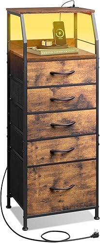 WLIVE Mesita de noche LED con estación de carga, cómoda de tela con 5 cajones para dormitorio, mesita de noche alta con estantes abiertos, mesas