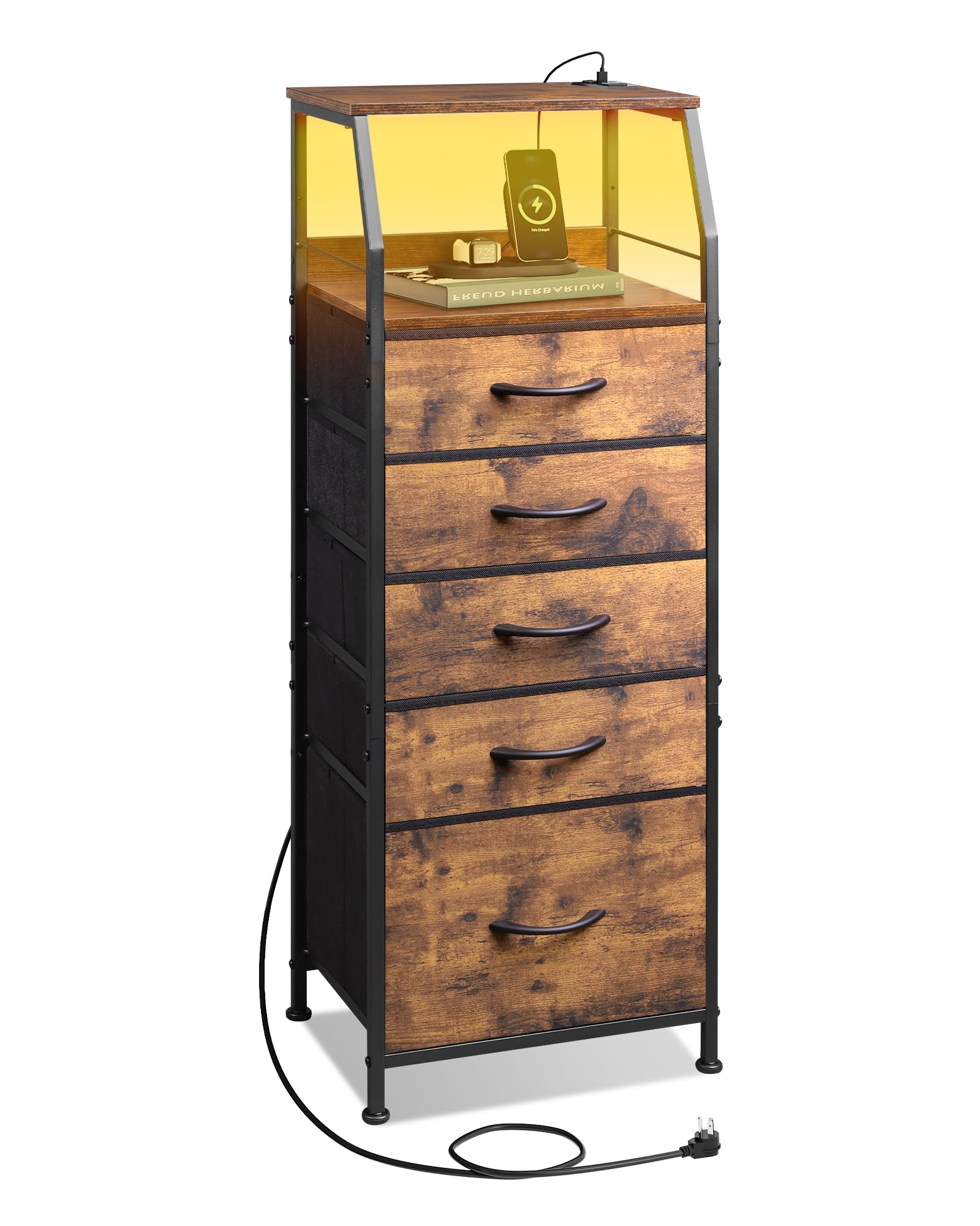 WLIVE LED Nightstand with Charging Station, Fabric Dresser with 5 Drawers for Bedroom, Tall Night Stand with Open Shelves, Bed Side Tables Living Room