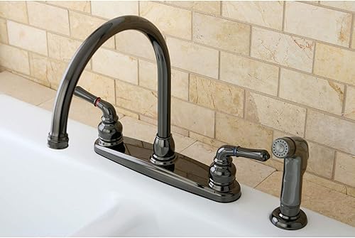 Miniatura 3 de Kingston Brass NB790SP Water Onyx - Grifo de cocina central de 8 pulgadas con mango de palanca y rociador lateral a juego, acero inoxidable negro