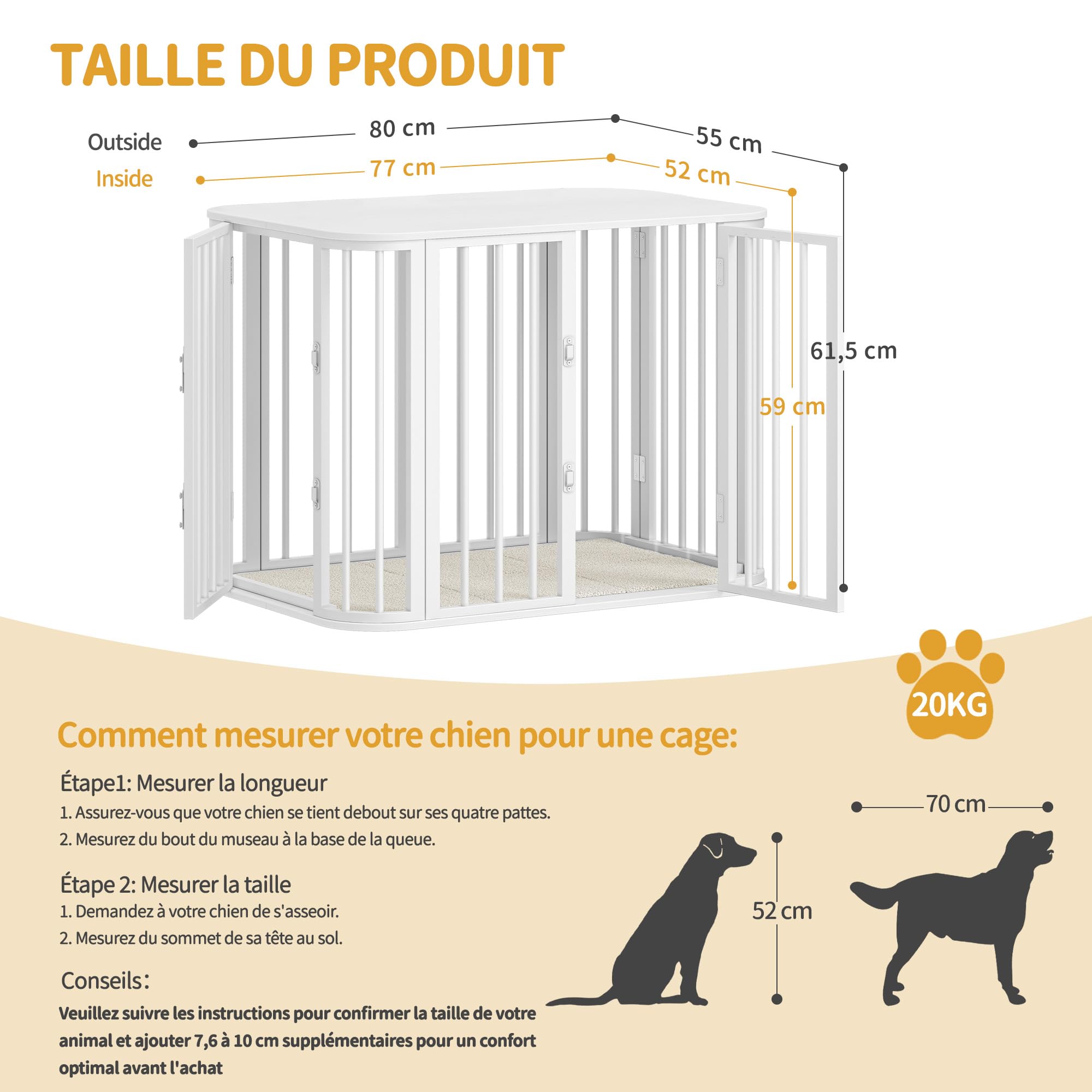 Hzuaneri Cage pour Chien Meuble, Cage D'intérieur avec Coussin, Modèle à Trois Portes, Table D'appoint en Bois, Convient aux Chiens de Petite et Moyenne Taille, 80 x 55 x 61,5 cm, Blanc DFC87713W