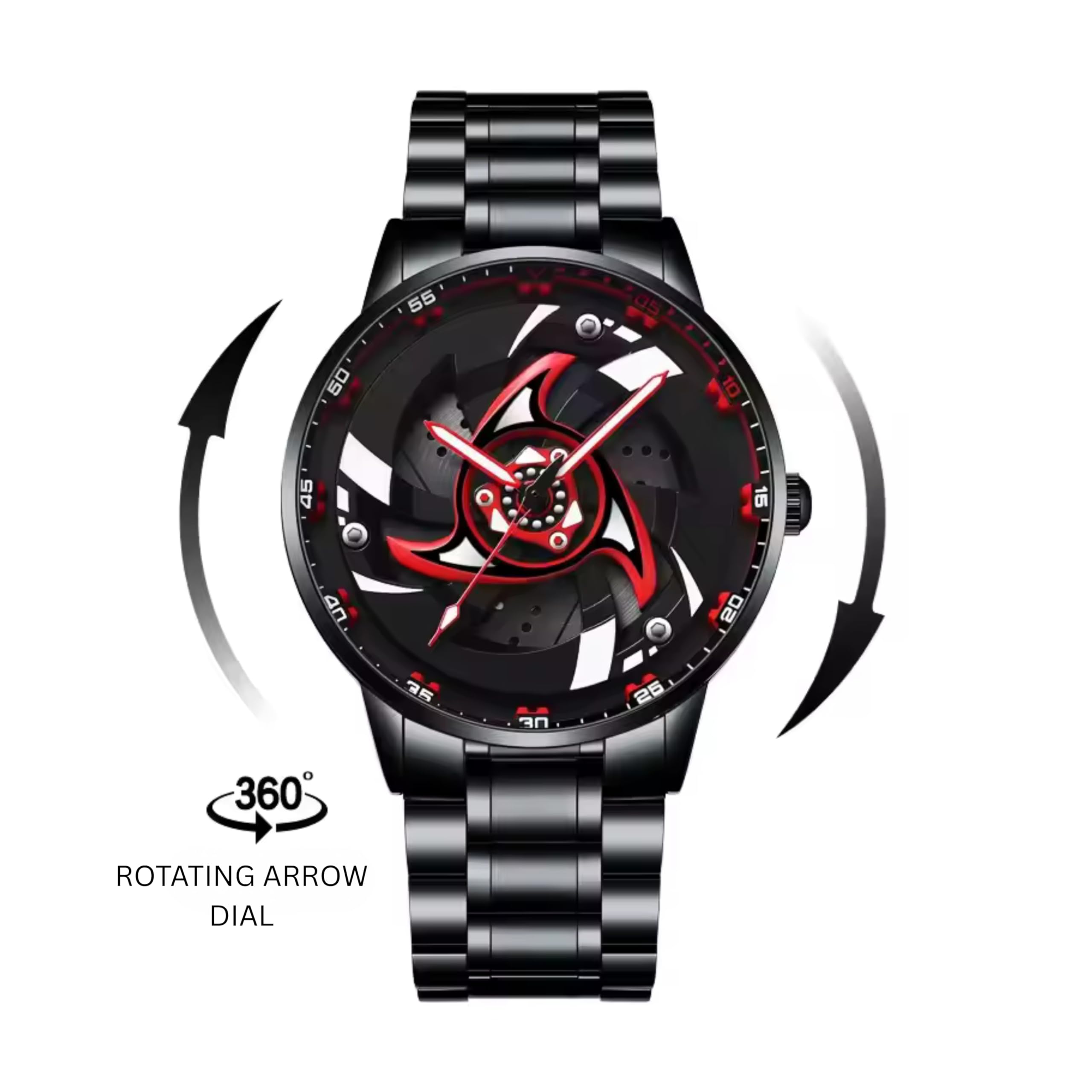 GOLDENIZE FASHION Branded Men's Sport Quartz Watch Arrow Wheel Dial 360 Rotating Casual Fashion Stainless Steel Alloy Mens & Boy's Luxury Metal Gift Creative Watch