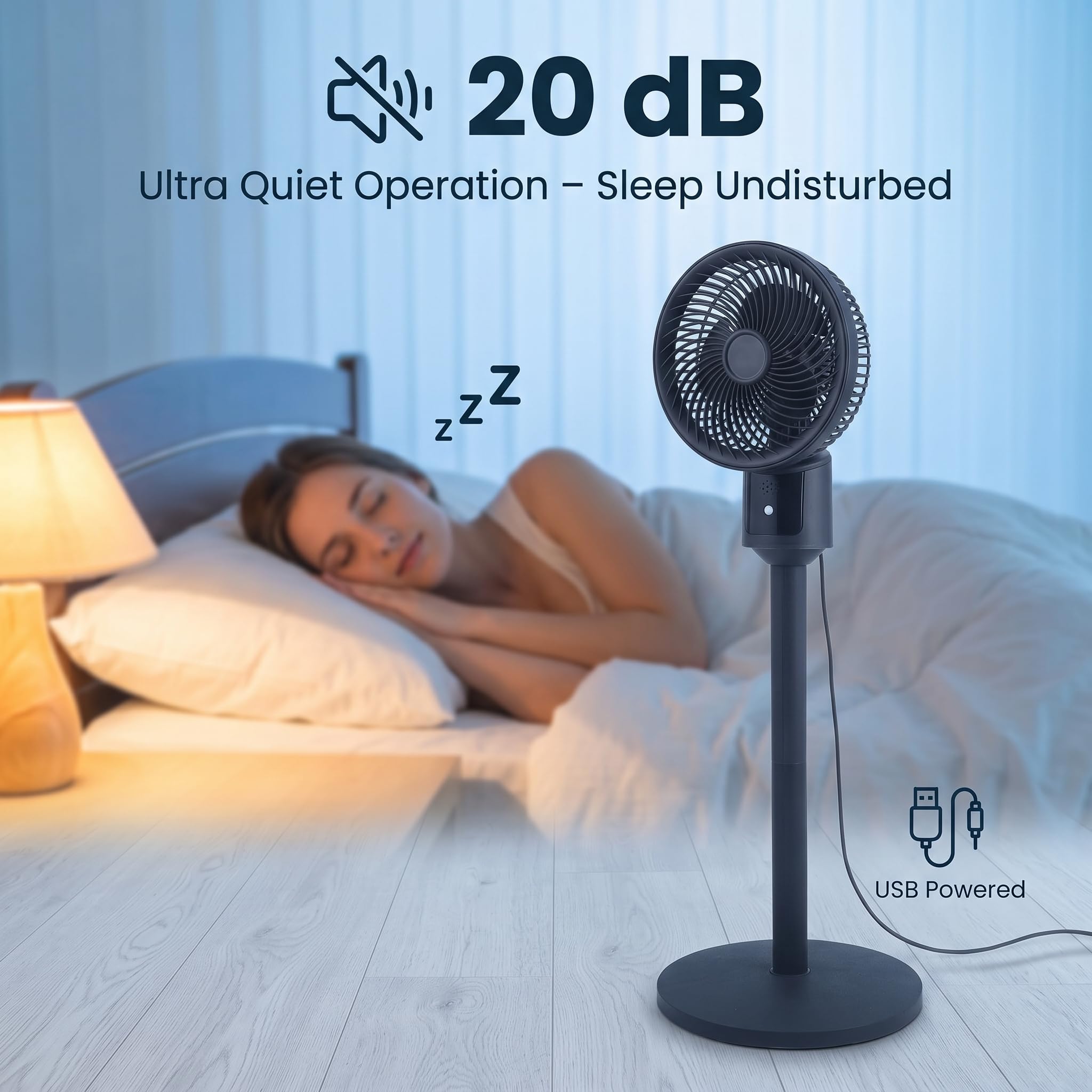 Ventilatore da terra silenzioso per camera da letto, ventilatore USB a 3 velocità con piedistallo regolabile in altezza, ventola di raffreddamento per casa, ufficio, soggiorno
