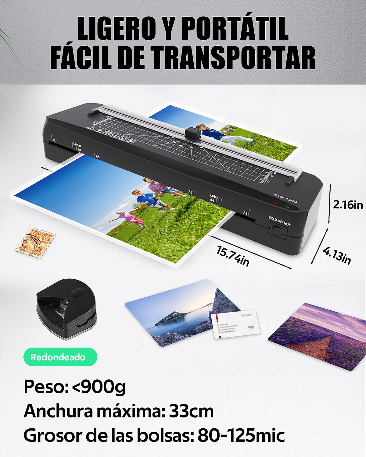 Plastificadora, plastificadora A3 de 70 segundos calentamiento rápido, Máquina de Laminadora Frío y Caliente con Cortador Integrado y 50 bolsas laminadas para uso doméstico, oficina, escuela, fotos