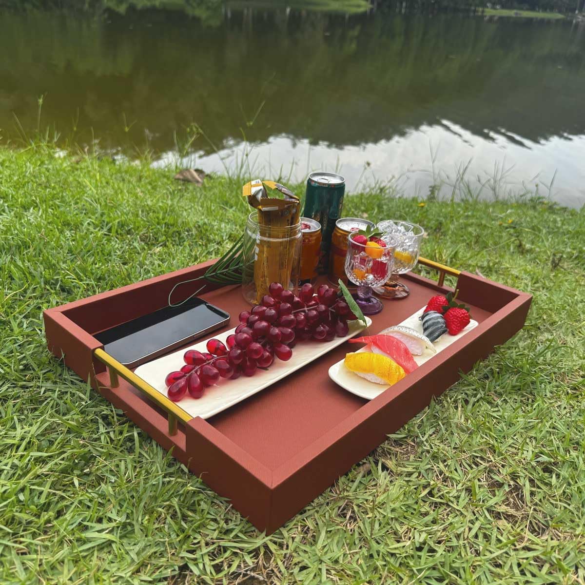 14x20 Inches Brown Faux Leather Wrapped Wood Serving Tray with Metal Handles for Various Occasions, Ottoman, Home Decor Decorative, Living Room, Coffee Table Organizer, Serving Breakfast On Bed - Image 5