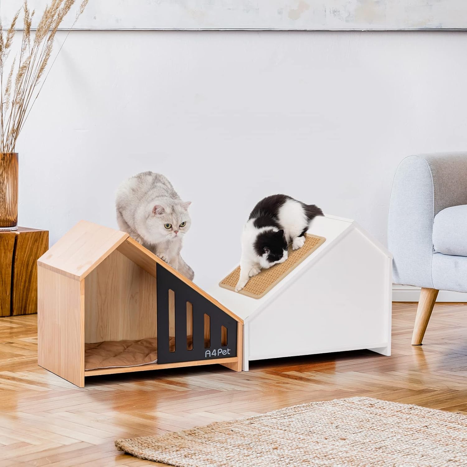 A4PET Cat House Wooden Cat Condo Cat Furniture for Indoor Cat Shelter with Scrather Cushion with Non-Slip Silicone, Pet House for Cats Small Dogs
