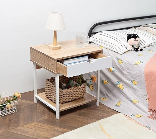 Miniatura 3 de JJS Mesa auxiliar auxiliar, mesita de noche, mesita de noche con cajón y estantes de almacenamiento, mesa de sofá para sala de estar, dormitorio,