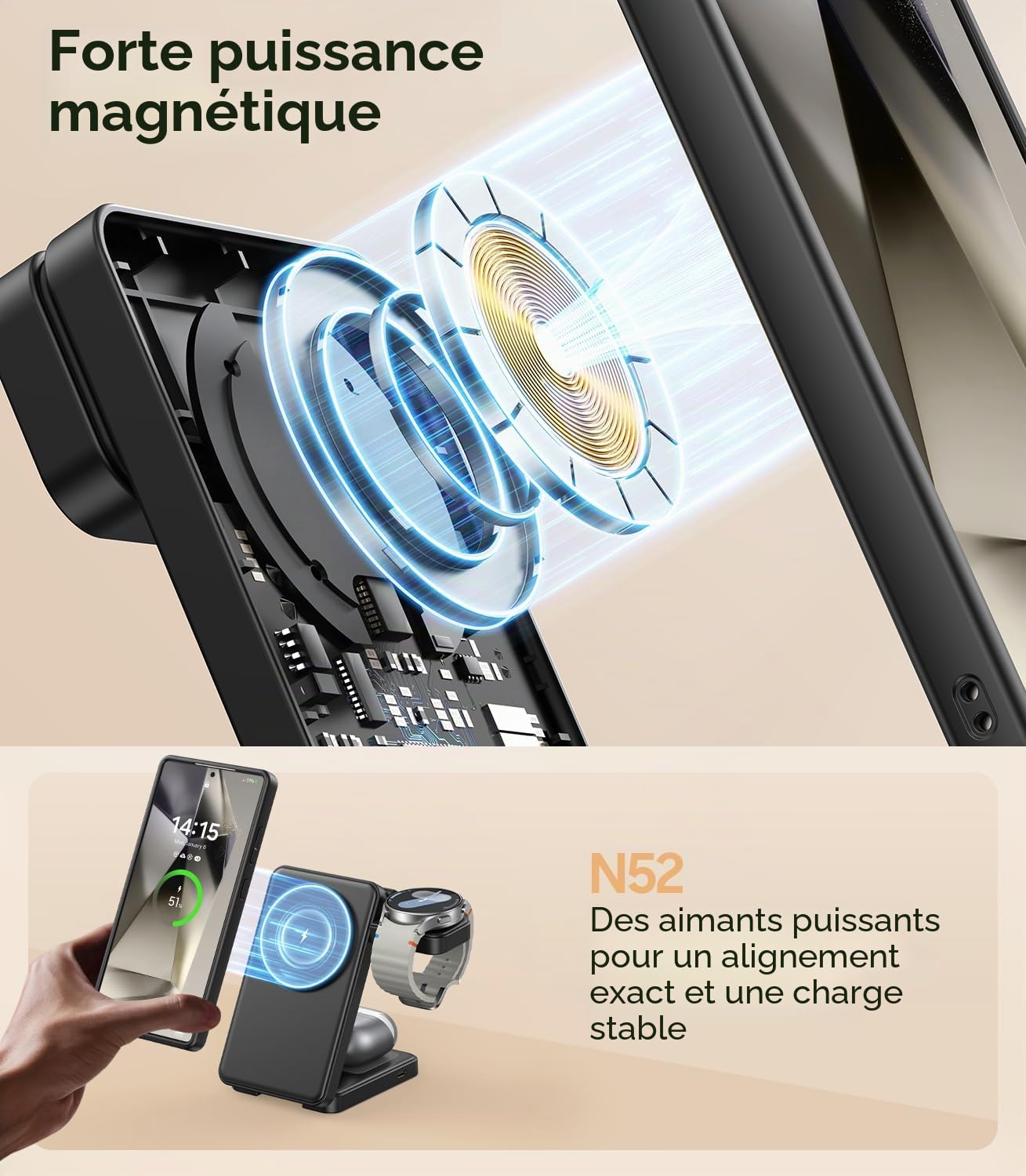 Chargeur sans fil magnétique pliable 3 en 1 pour Samsung, station de charge rapide Mag-Safe pour Galaxy S26 S25 S24 S23 Ultra Plus/Z Fold/Flip 8/7/6, Galaxy Watch Ultra/8/7/6/5/Pro, Galaxy Buds/Pro