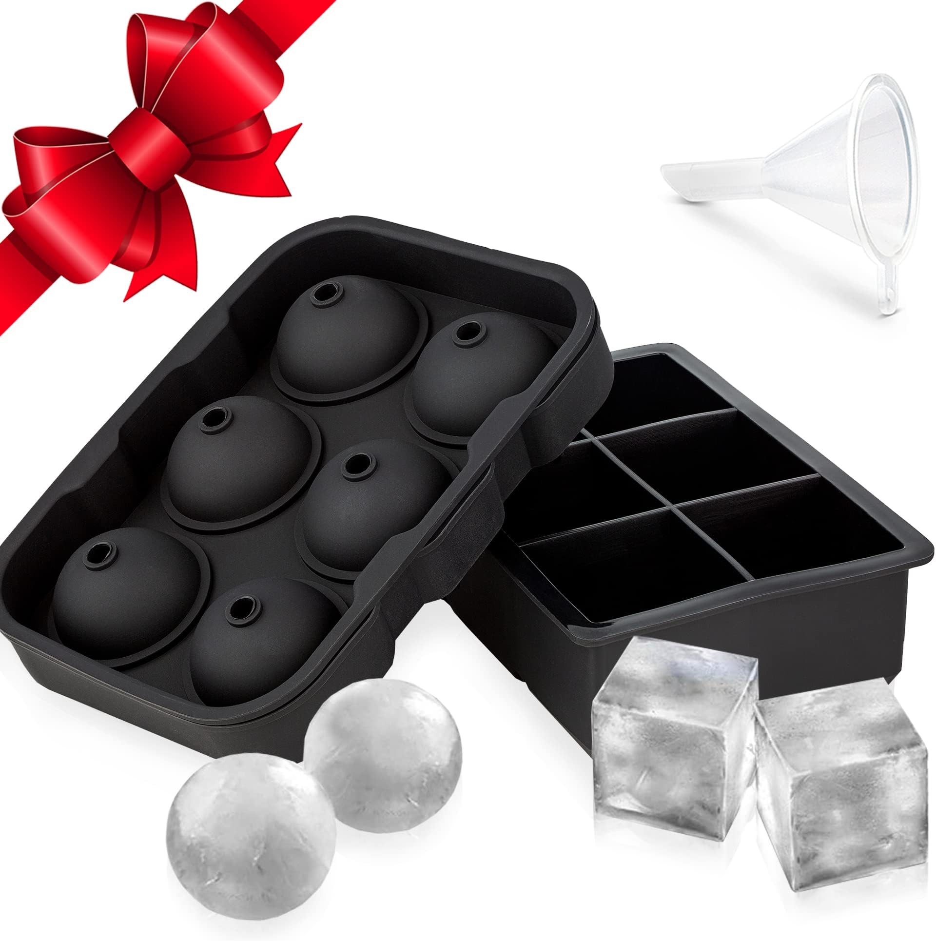 Ice Cube Trays Silicone (Set of 2) Whiskey Ice Ball Mold, Large Ice Ball Maker Mold, Round Ice Cube Mold, Sphere Ice Cube Mold, Square Large Ice Cube Tray for Cocktails & Bourbon Easy Release BPA Free
