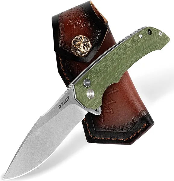 RXLUY Folding Pocket Knife with Leather Sheath, 3.47" N690Co Premium Steel Blade G10 Handle Knives, EDC Small Folding Knife for Men Women, Outdoor Survival Camping Hiking Knife (Green)