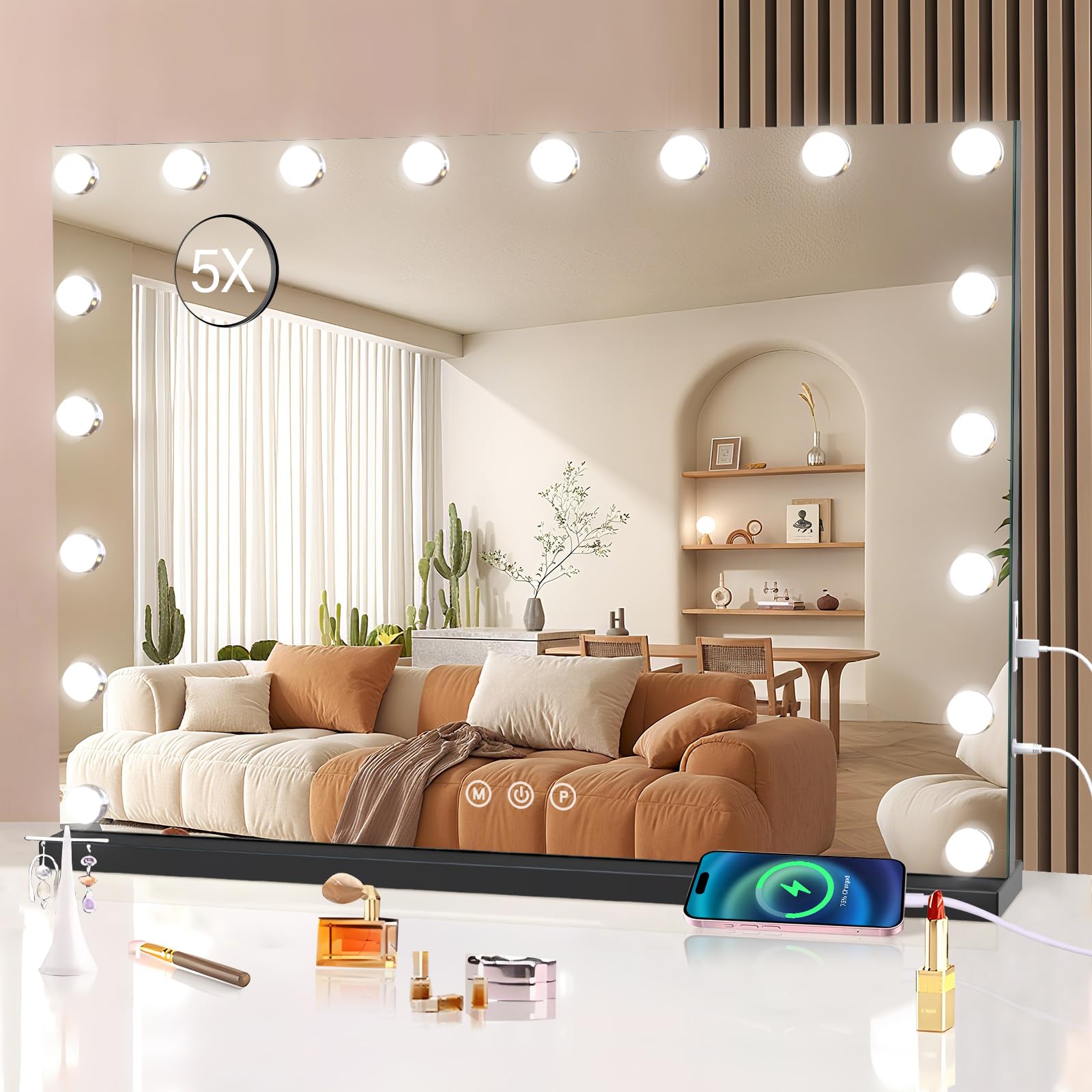 halumao Kosmetikspiegel mit Lichtern, 80 x 60 cm, großer Make-up-Spiegel mit LED-Lichtern, Smart Touch, dimmbares 3-farbiges Licht, Memory-Funktion, USB-Ladeanschluss schwarz