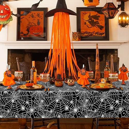 Miniatura 5 de YUJUN Paquete de 3 manteles de araña de Halloween, mantel de plástico impermeable de tela de araña, cubierta de mesa de explosión de estrella para