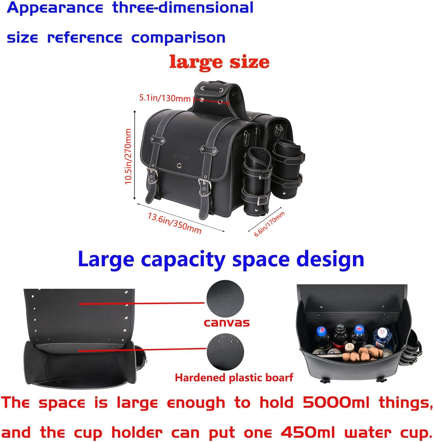 High-density Leather Motorcycle Saddlebags-Throw Over Saddle bags,Panniers Side Bags with cup holder ，Waterproof, Side Tool Bag, Storage Tool Bag for Motorbike,Universal,1Pair, L (Black5)