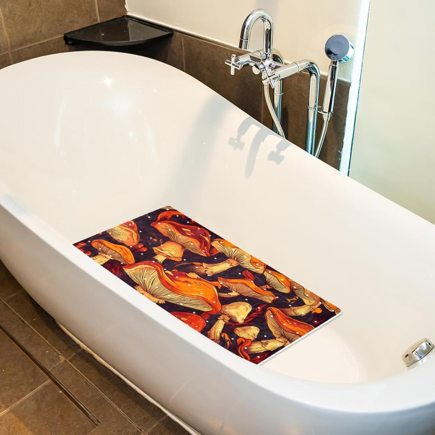 Wild Forest Mushrooms Pattern Bath Tub and Shower Mats, Non Slip Bathmat with Drain Holes and Suction Cups for Bathroom Floor, 15.1 x 26.8 Inch