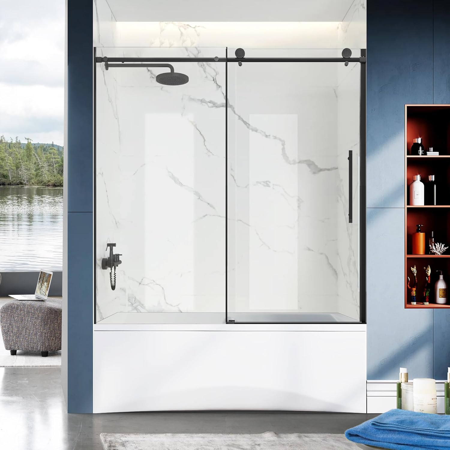 bathroom shower door 56"-60" w*60" h, fixed frameless sliding shower doors, 5/16"(8mm) clear tempered glass door, matte black finish with handle