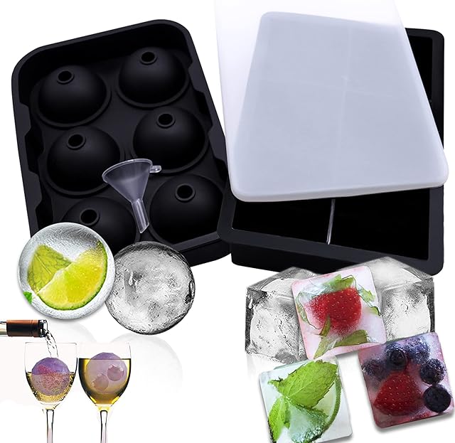 RAQS Silicone Ice Cube Tray with lid Set of 2- Ice Cube Moulds-Easy Release Ice Ball Moulds- Odorless BPA Free Large ice Moulds for Whiskey, Cocktail, Reusable Sphere Ice Ball Maker (Black)
