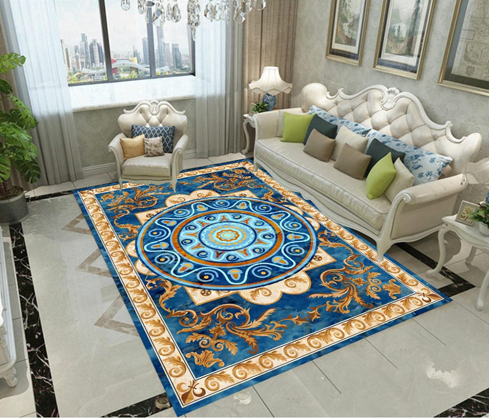 Tapis Salon Design Moderne Imprimé Or Bleu Canard Tapis Antidérapant Chambre Soft Tapis de Salon Chambre Design Moderne Print Carpet for Home Living Room Decoration 120x170cm
