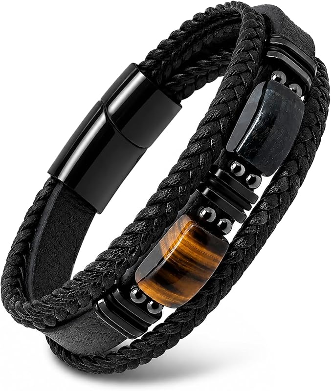 Pulsera de cuero negro con ojo de tigre para hombre, piedra preciosa de ojo de tigre natural, joyería de piedra de cristal, pulsera de protección hecha a mano para aliviar el coraje y el estrés