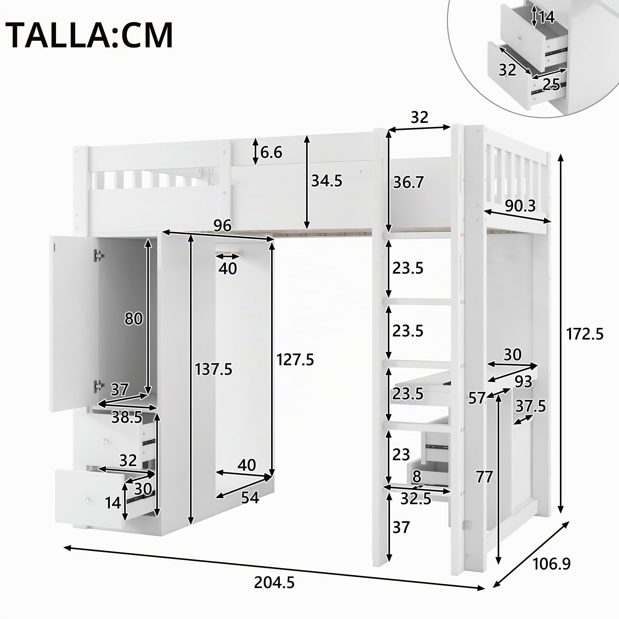 Wiuzo Cama alta de 90 x 200 cm, con 4 cajones y 1 armario de almacenamiento, escritorio bajo la cama, armario abierto, luz LED y USB, color blanco