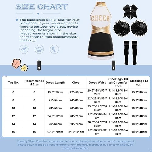 Miniatura 7 de YiZYiF Disfraz de líder de animadora de Halloween para niñas, uniforme de animación, vestido de baile de gimnasia con pompones, medias y corbata
