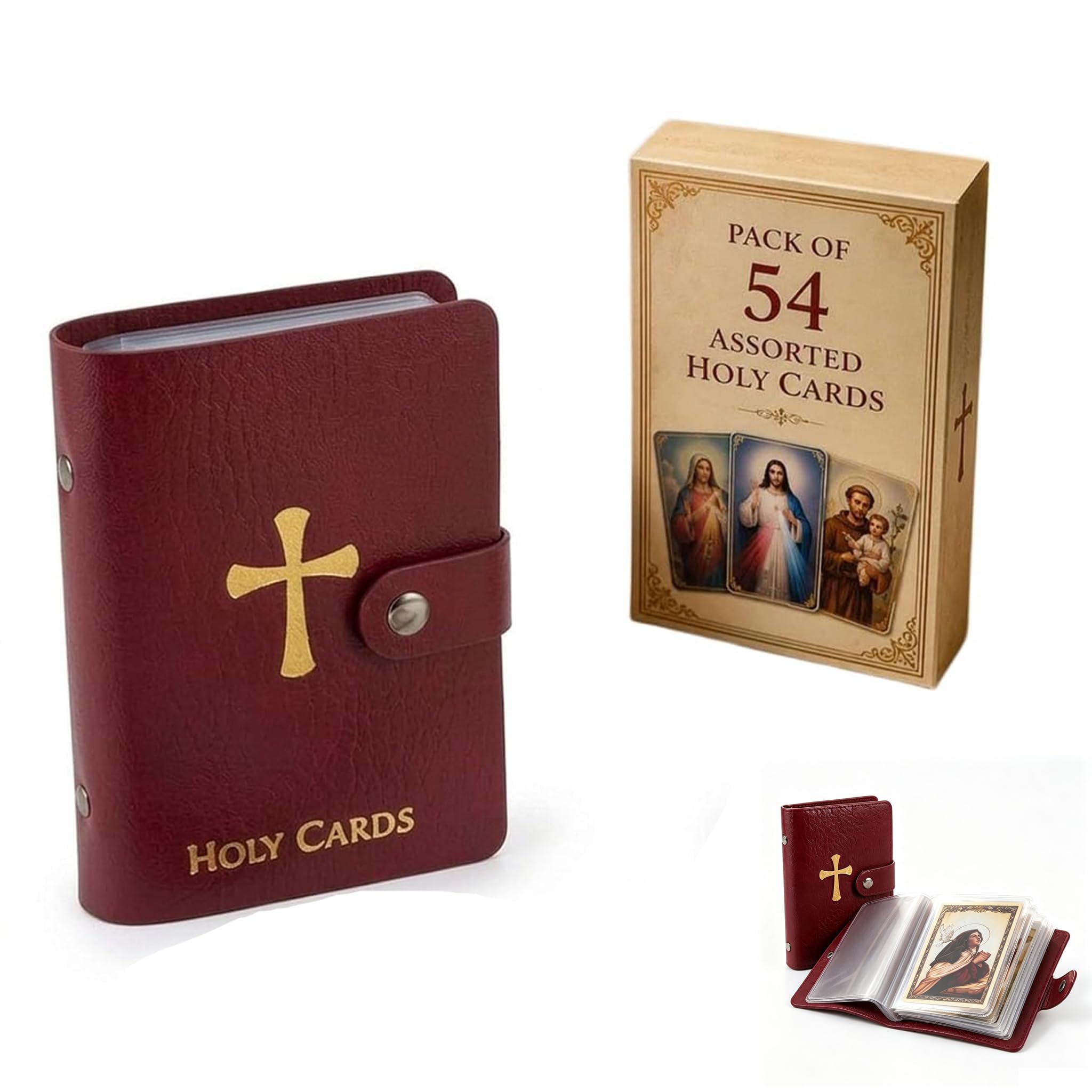 Catholic Genuine Leather Holy Card Holder with 54 Prayer Cards, Pocket Prayer Card Organizer with Snap Closure, Portable Holy Card Holder for Mass, Daily Prayer, Bible Study, Religious Gift (Red)