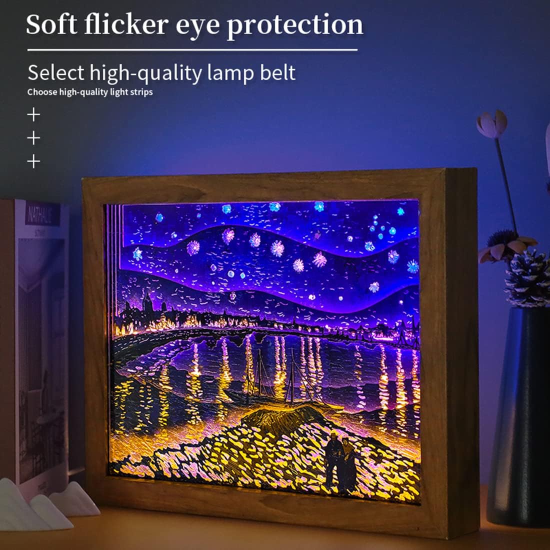 3D Paper Carving Night Light Papercut Light Box Starry Night Art PS Frame Desktop Paper Carving Lamp, Decorative Mood Light, Birthday Gift for Kids and Adults