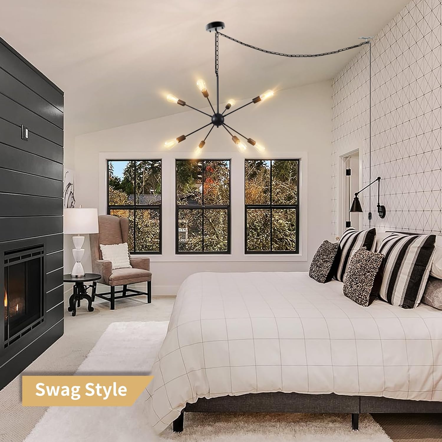 HOXIYA DIMMABLE Modern Sputnik Chandelier 26.3" Light Fixture, Plug in Black 8-Lights Pendant Light, Midcentury Hanging Ceiling Lighting Fixture for Home Lamp, Bedroom, Dining Room, Kitchen, Office